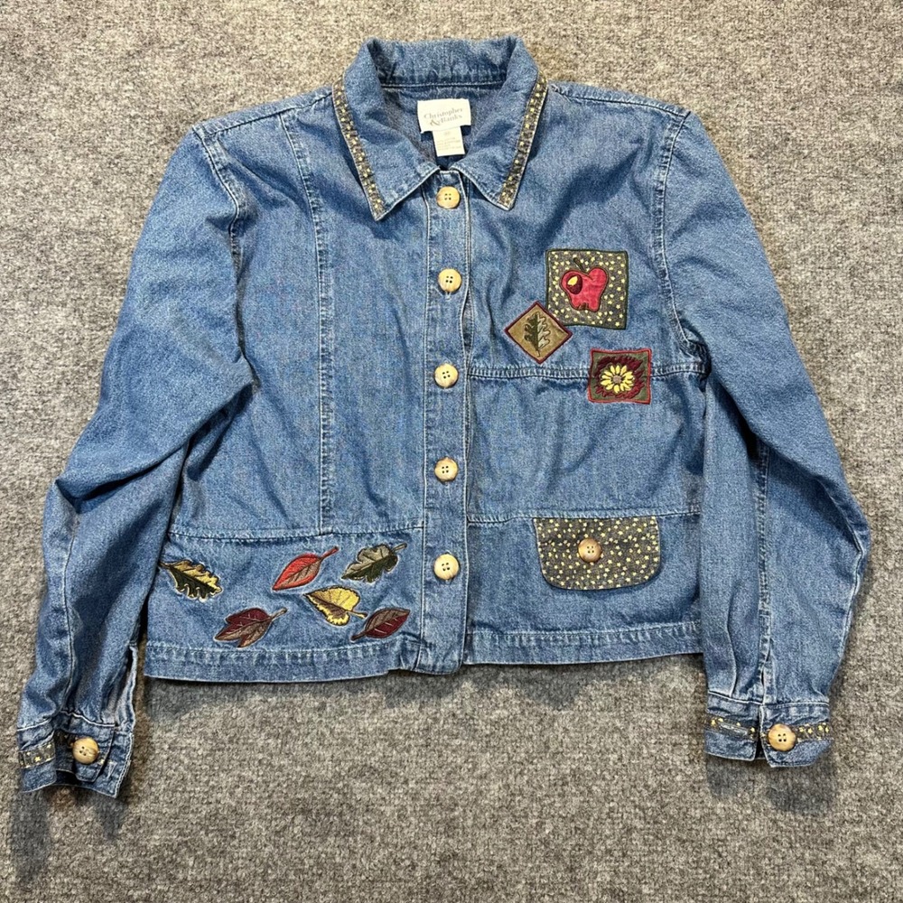 Christopher & Banks Denim Jacket Women Medium Blue Fall Leaf Apple Cottagecore